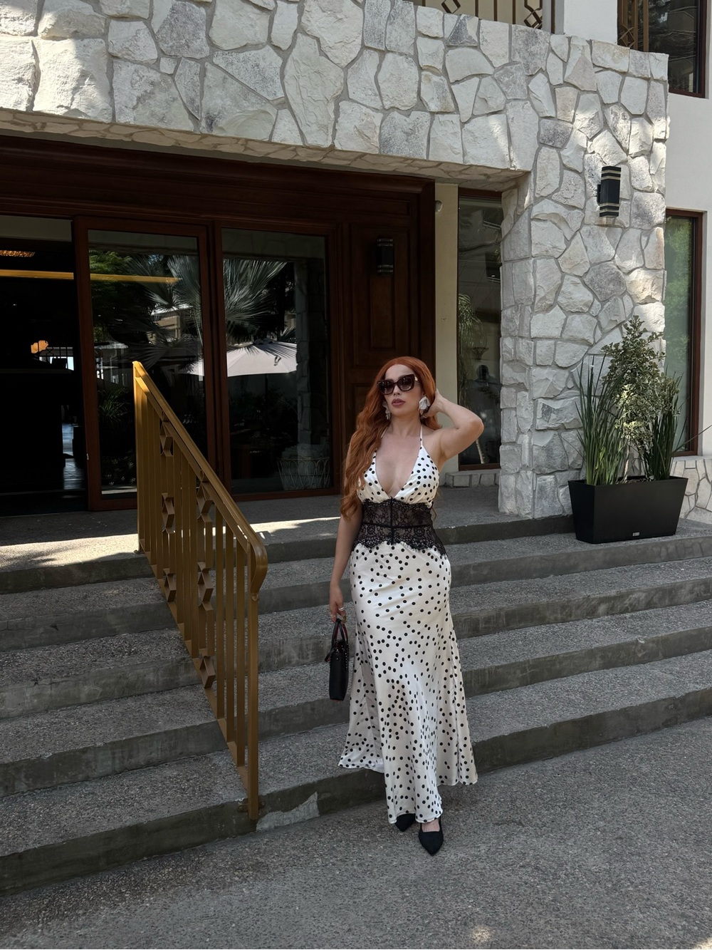 Fashion Nova White Polka Dot Maxi Dress with Black Lace Waist
